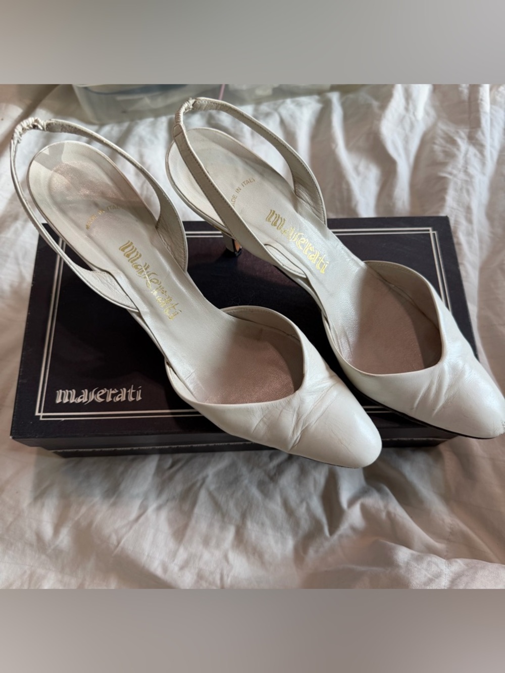 Vintage Maserati White Leather Slingback Heels
